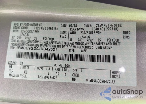 2018 Ford Escape Se из США, поврежденный, VIN 1FMCU9GD0JUD42021